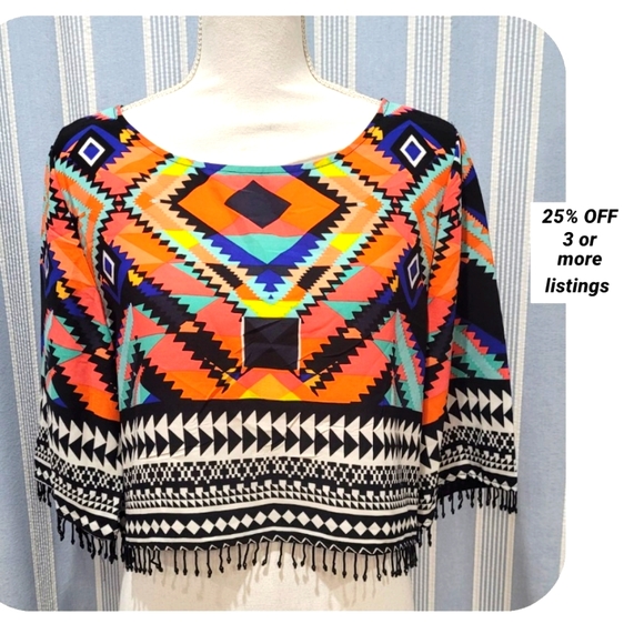 Gianni Bini Tops - Aztec tribal top with beaded fringe hem Gianni Bini colorful boho gypsy Bohemian